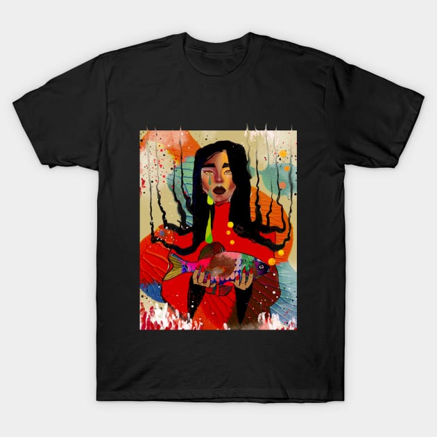 Lady holding a fish T-Shirt by Colormyline by Denis Senyol